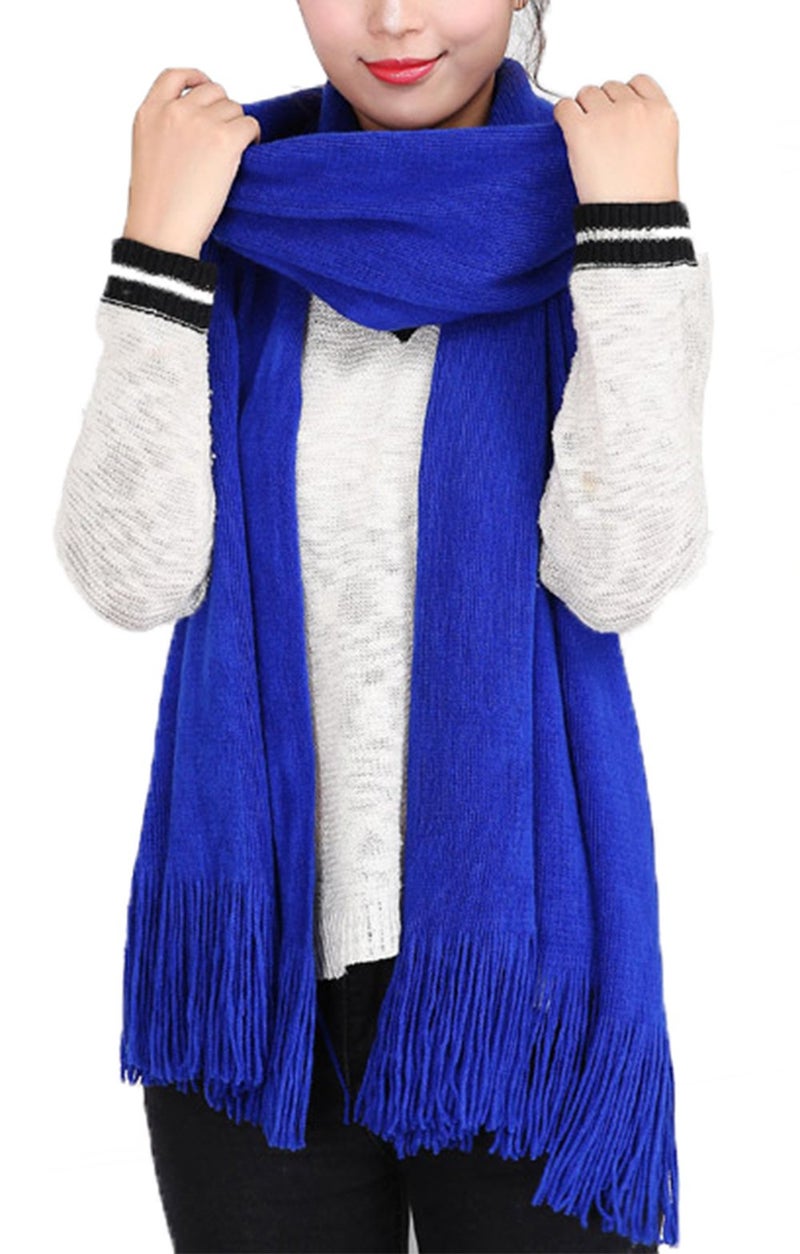 Wander Agio Women's Warm Long Scarves Winter Scarfs Pure Color Scarf Tassel Blue - Image 1